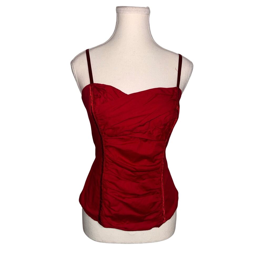 bebe Red Satin Corset Top Y2K Ruched Cami Tie Back Bustier Tank Medium - Picture 2 of 12